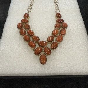 Gorgeous Goldstone Cabochon Sterling Silver Chain Bib Statement Necklace